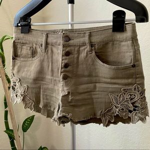 High-Rise Green Raw Hem Shorts with Lace Detailing